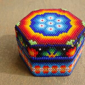 Colorful Vintage Beaded Mexican Folk Art Decorativ Box Handmade Huichol Treasure